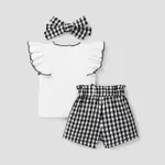 3pcs Baby Girl Letters Print Flutter-sleeve Top and Front Bow Decor Plaid Shorts and Headband Set  image 2