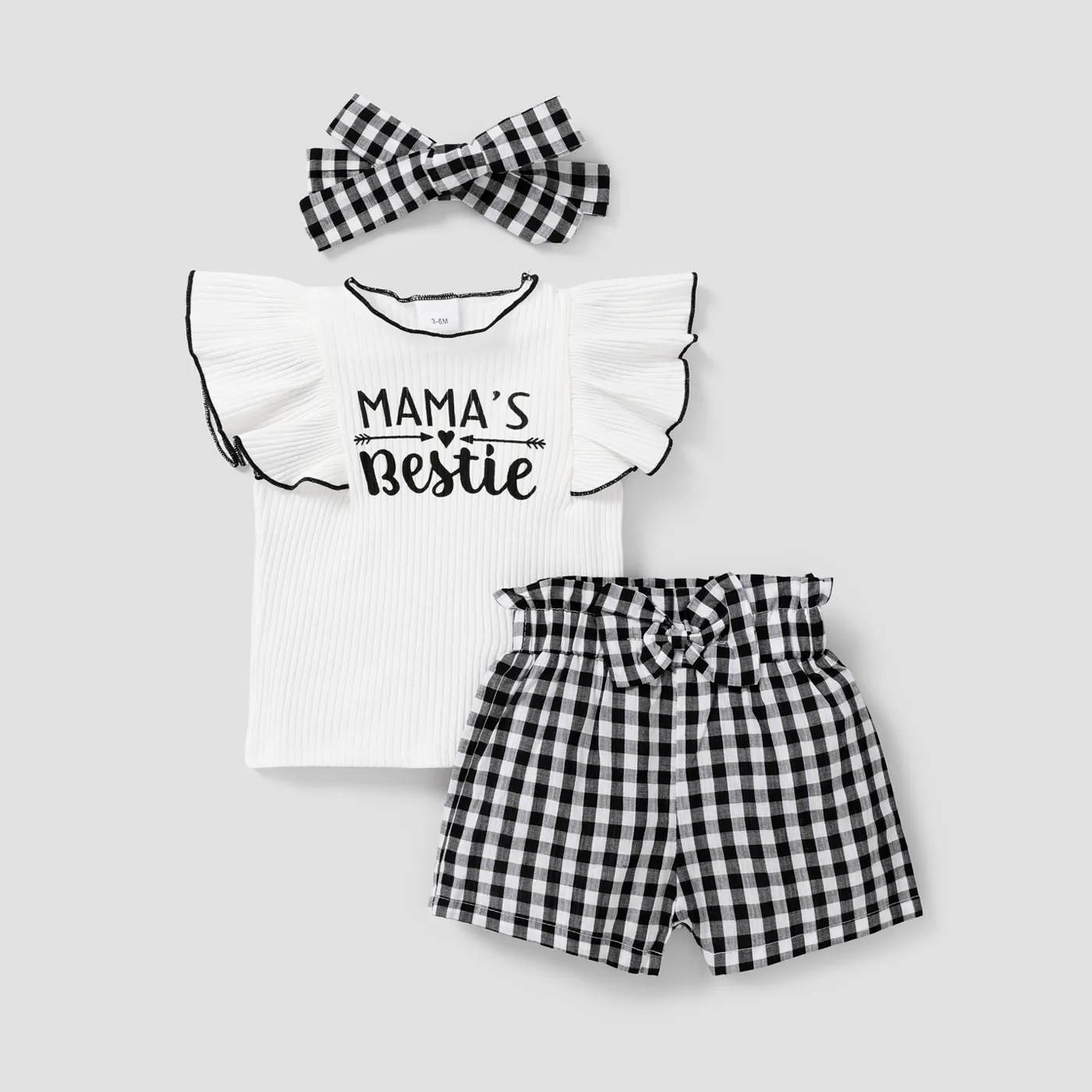 3pcs Baby Girl Letters Print Flutter-sleeve Top and Front Bow Decor Plaid Shorts and Headband Set BlackandWhite big image 1