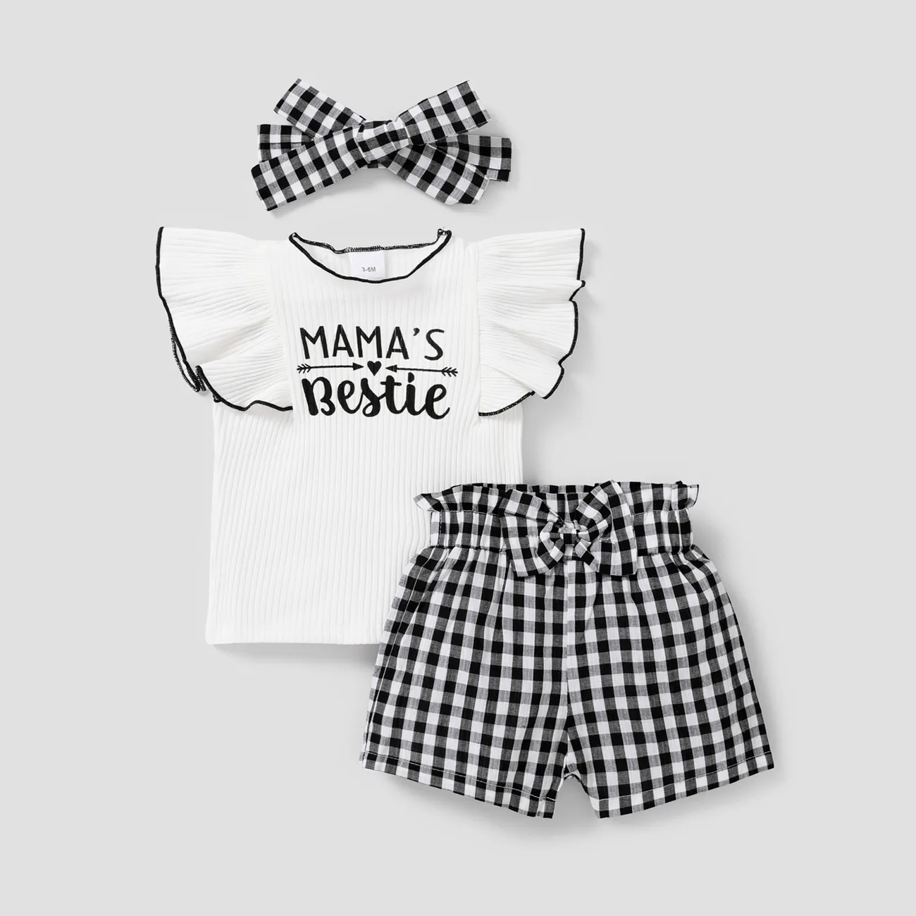 3pcs Baby Girl Letters Print Flutter-sleeve Top and Front Bow Decor Plaid Shorts and Headband Set  big image 1