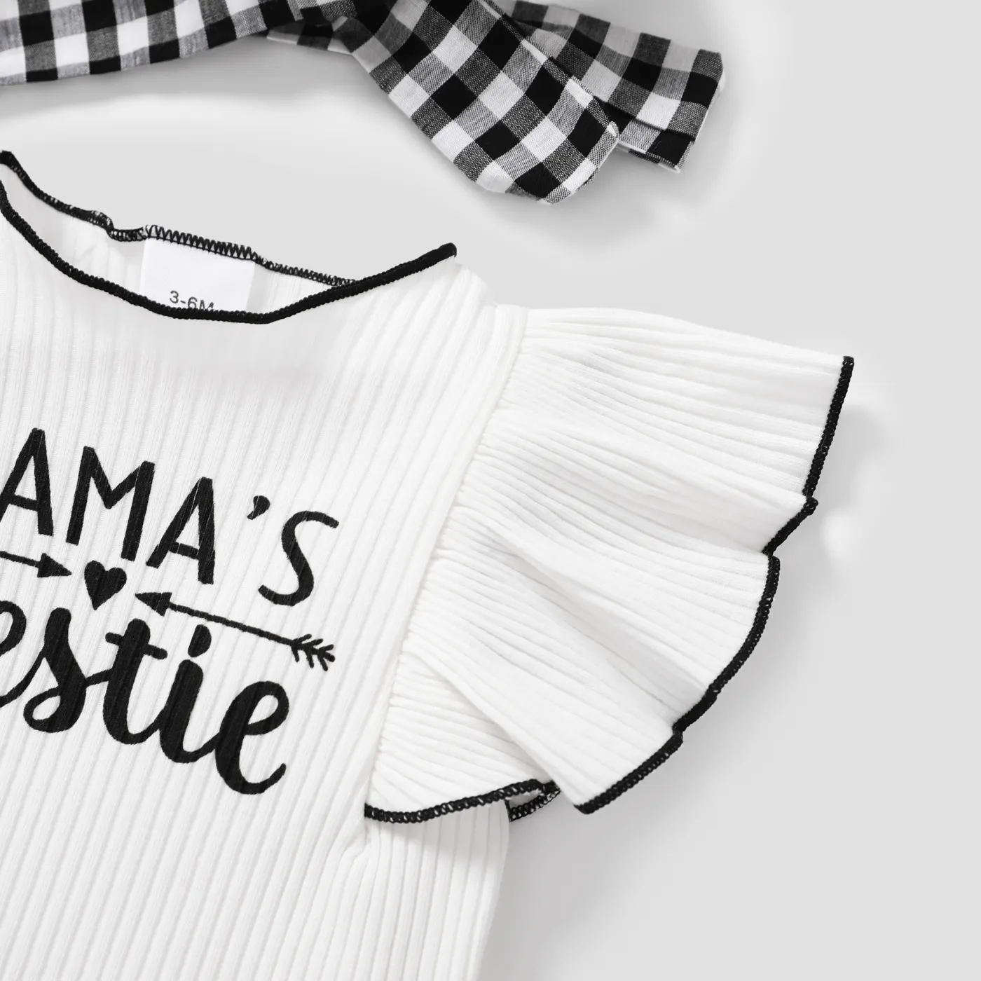 3pcs Baby Girl Letters Print Flutter-sleeve Top and Front Bow Decor Plaid Shorts and Headband Set BlackandWhite image 5