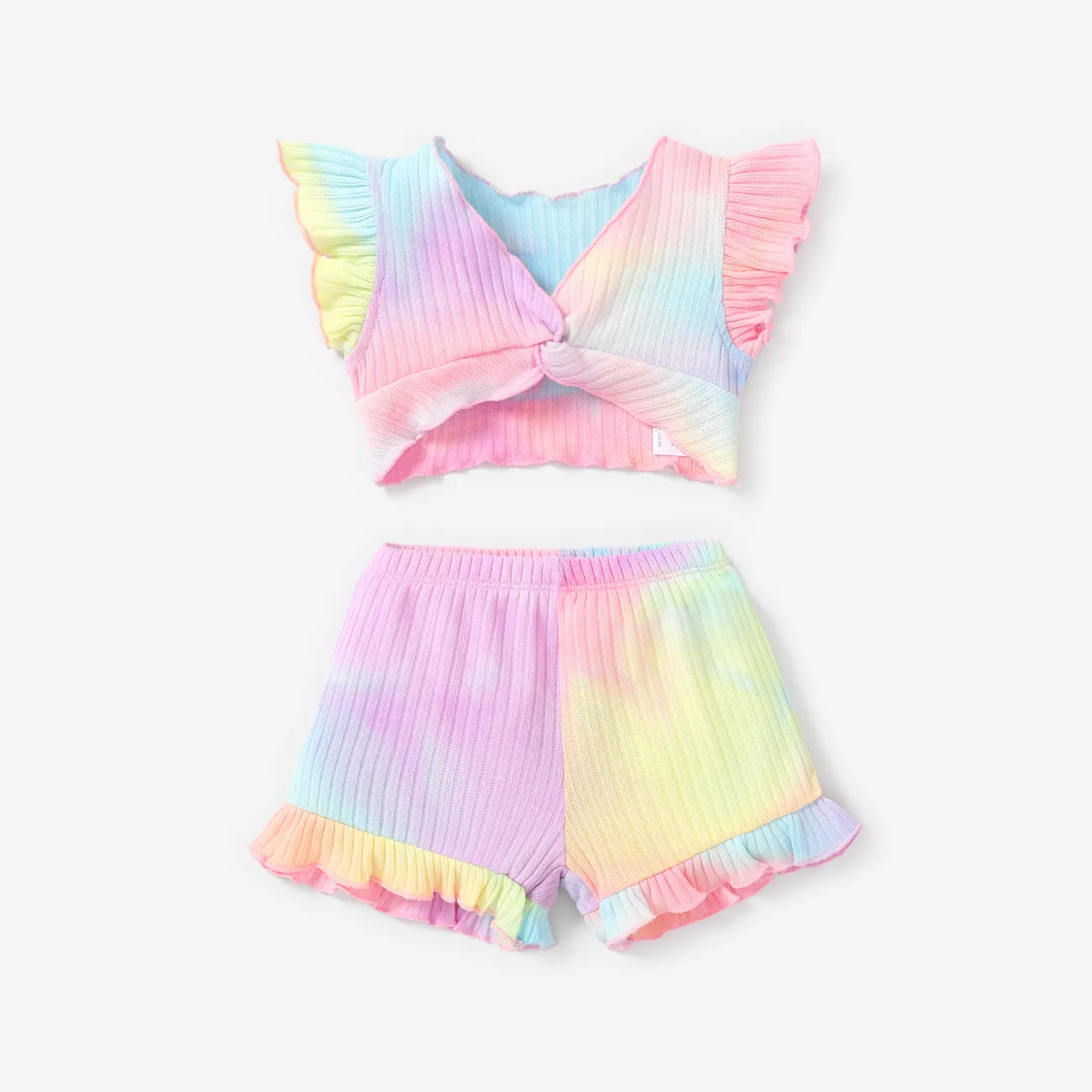 2pcs Baby Girl Tie Dye Twist Knot Front Flutter-sleeve Top and Ruffle Trim Shorts Set Colorful big image 1