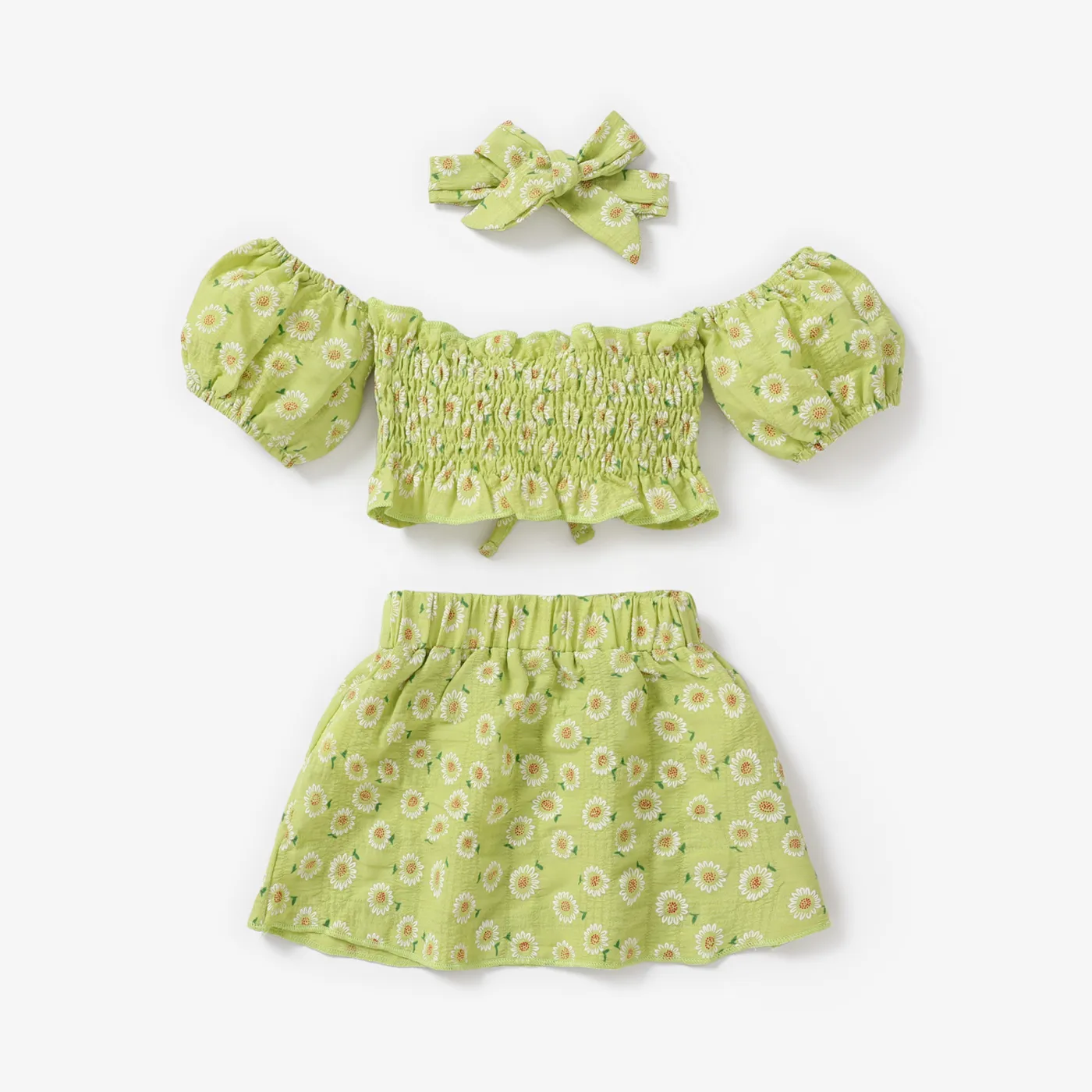 3pcs Baby Girl Green Floral Print Off Shoulder Strapless Puff-sleeve Crop Top and Skirt with Headband Set  image 2