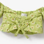 3pcs Baby Girl Green Floral Print Off Shoulder Strapless Puff-sleeve Crop Top and Skirt with Headband Set  image 5
