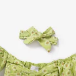 3pcs Baby Girl Green Floral Print Off Shoulder Strapless Puff-sleeve Crop Top and Skirt with Headband Set  image 3