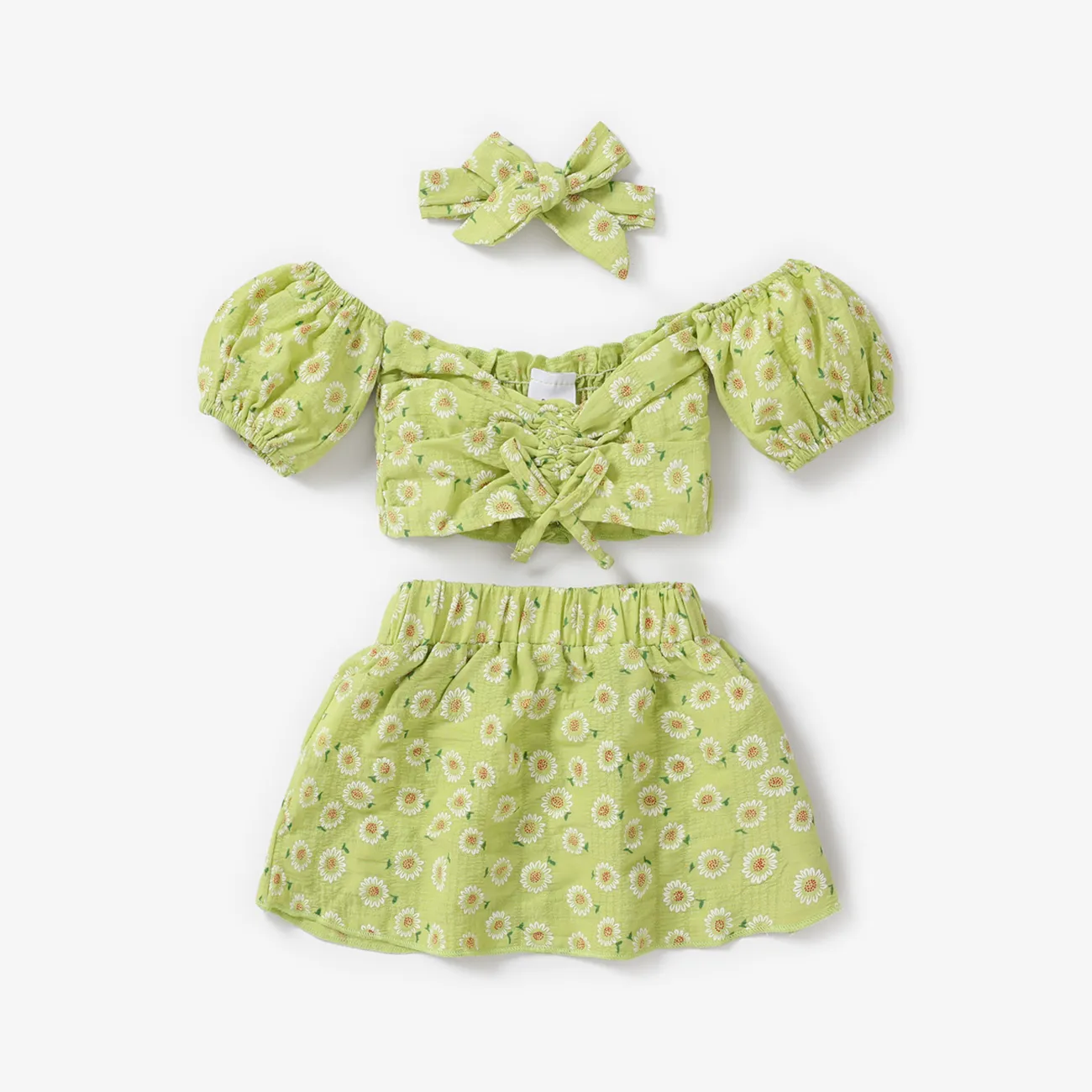 3pcs Baby Girl Green Floral Print Off Shoulder Strapless Puff-sleeve Crop Top and Skirt with Headband Set  big image 1