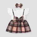 2pcs Baby Girl 95% Cotton Ribbed Flutter-sleeve Splicing Plaid Bowknot Dress with Headband Set  image 1