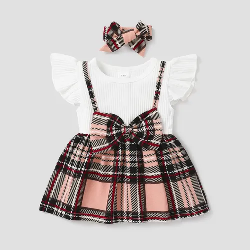 2pcs Baby Girl 95% Cotton Ribbed Flutter-sleeve Splicing Plaid Bowknot Dress with Headband Set