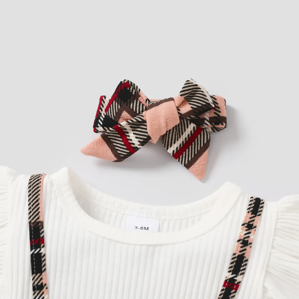 2pcs Baby Girl 95% Cotton Ribbed Flutter-sleeve Splicing Plaid Bowknot Dress with Headband Set big image 2