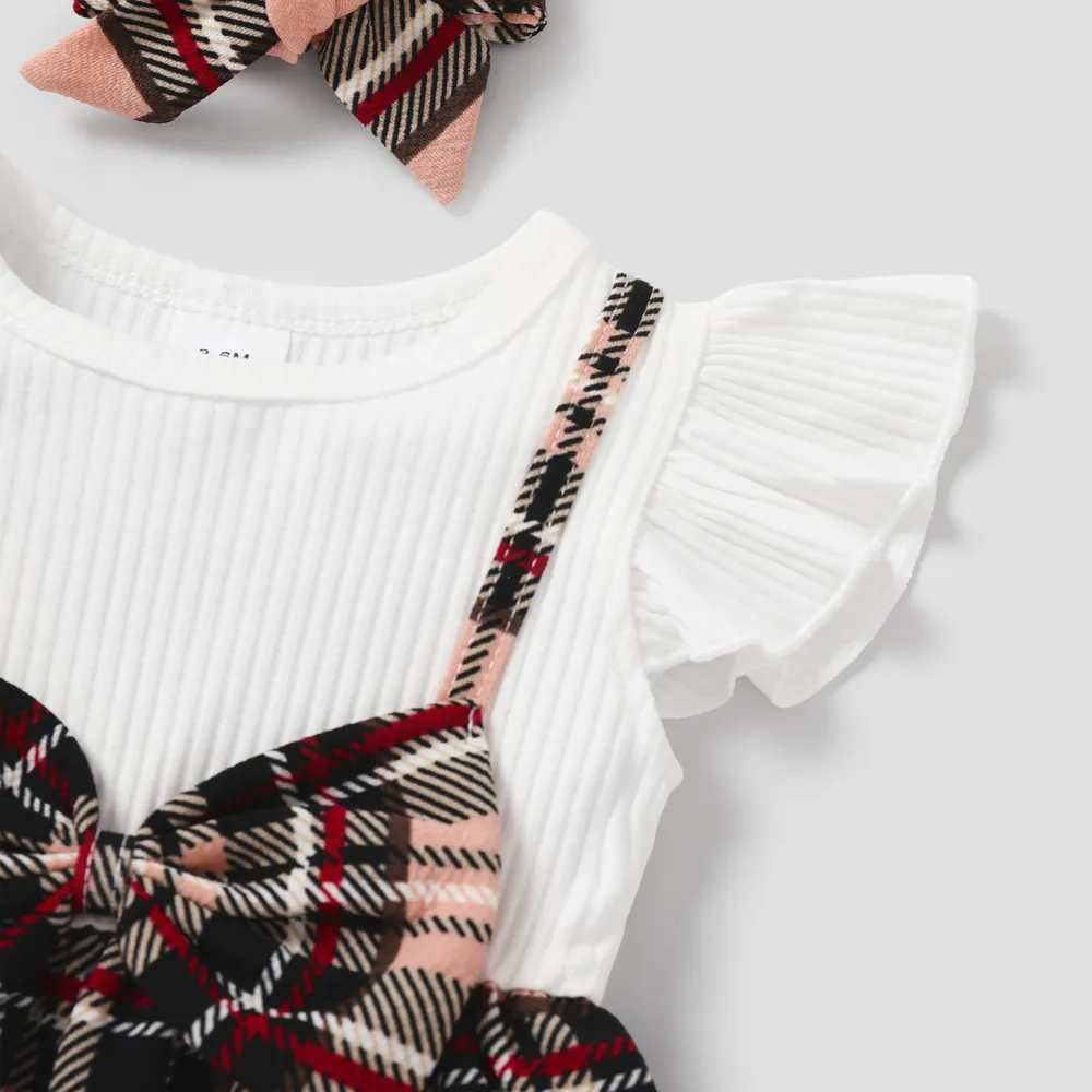 2pcs Baby Girl 95% Cotton Ribbed Flutter-sleeve Splicing Plaid Bowknot Dress with Headband Set big image 4
