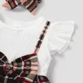 2pcs Baby Girl 95% Cotton Ribbed Flutter-sleeve Splicing Plaid Bowknot Dress with Headband Set  image 4
