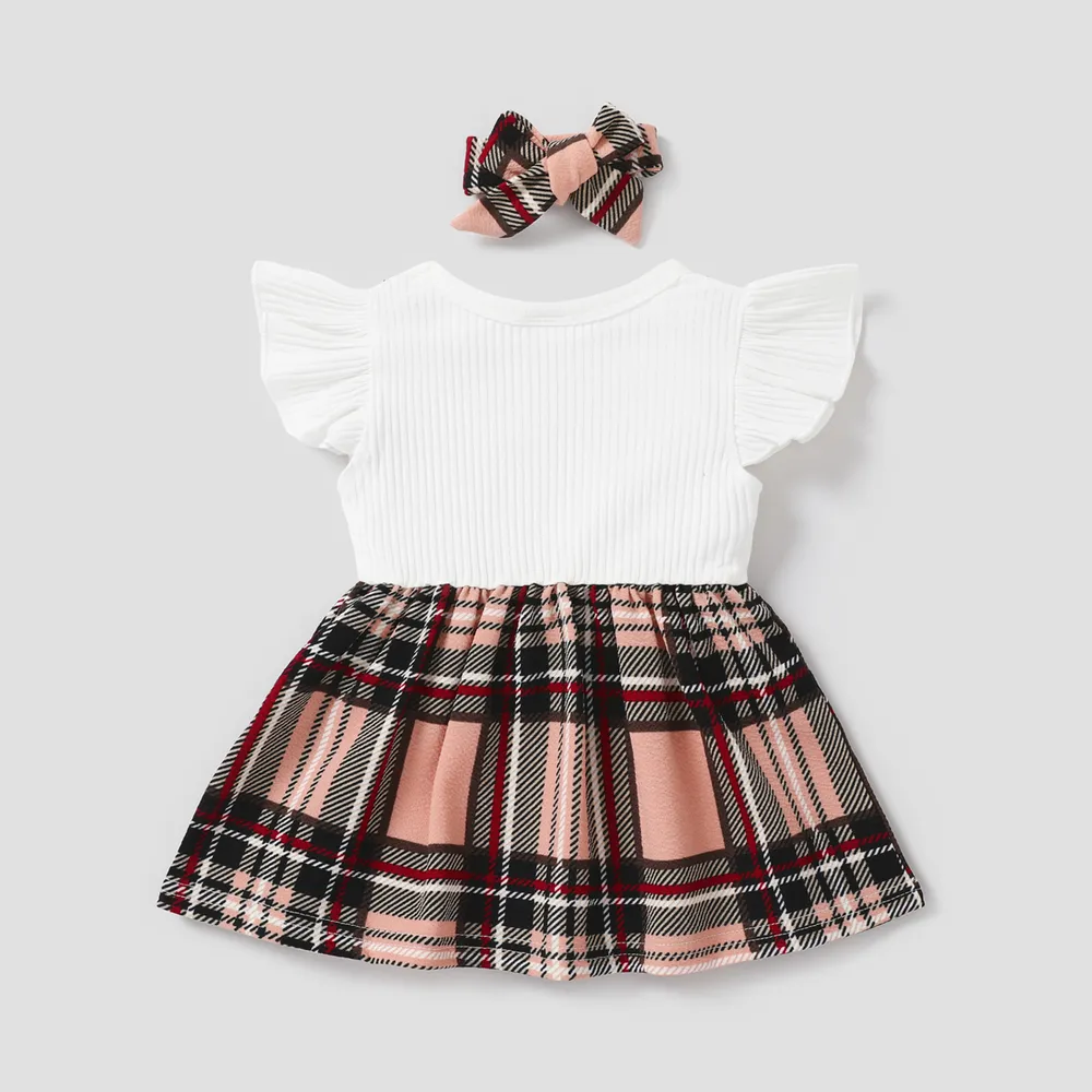 2pcs Baby Girl 95% Cotton Ribbed Flutter-sleeve Splicing Plaid Bowknot Dress with Headband Set  big image 5