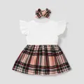 2pcs Baby Girl 95% Cotton Ribbed Flutter-sleeve Splicing Plaid Bowknot Dress with Headband Set  image 5