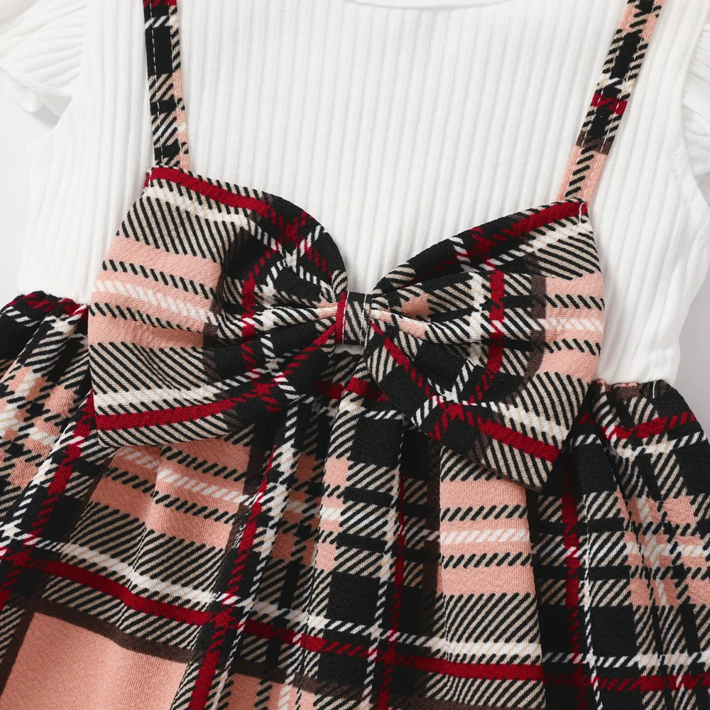 2pcs Baby Girl 95% Cotton Ribbed Flutter-sleeve Splicing Plaid Bowknot Dress with Headband Set big image 3