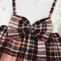 2pcs Baby Girl 95% Cotton Ribbed Flutter-sleeve Splicing Plaid Bowknot Dress with Headband Set  image 3