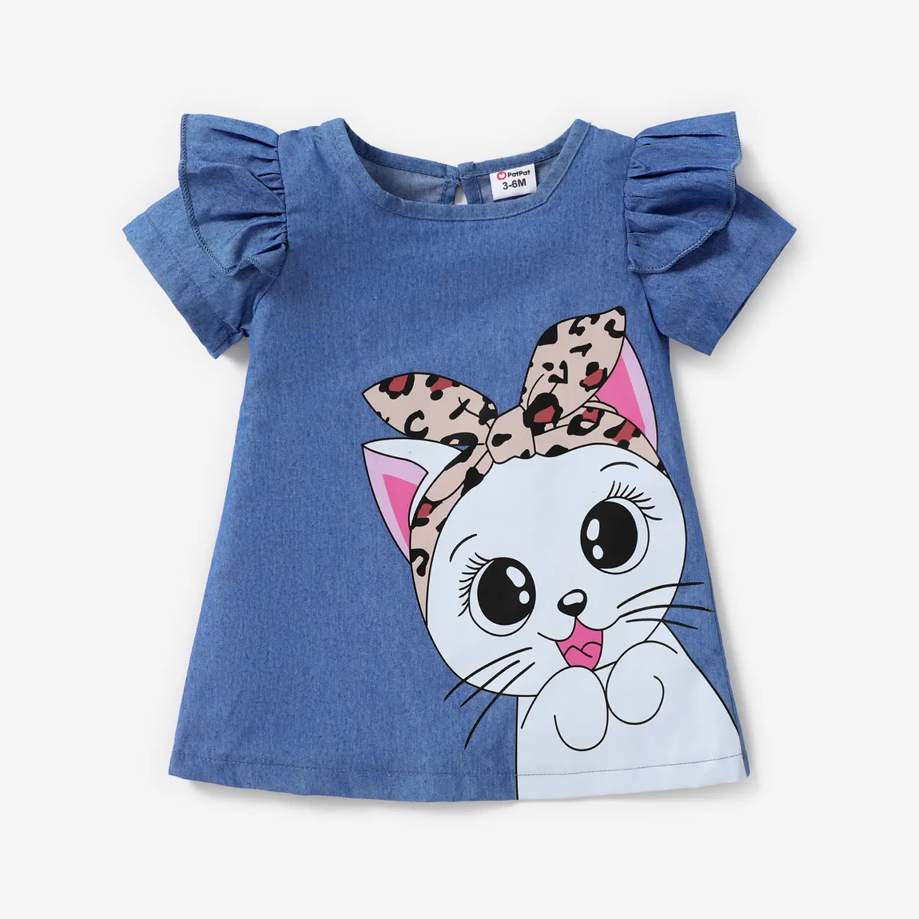 Baby Girl Cute Cat Print Ruffled Short-sleeve Dress  Blue big image 1