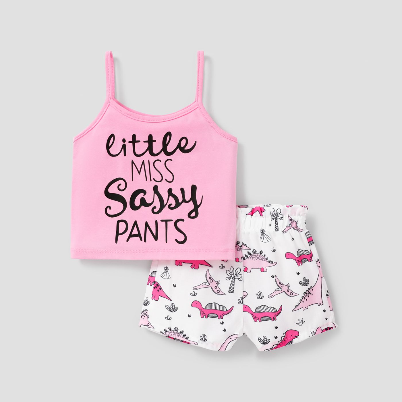 2pcs Baby Girl Letter Print Camisole And Dinosaur Print Shorts Set
