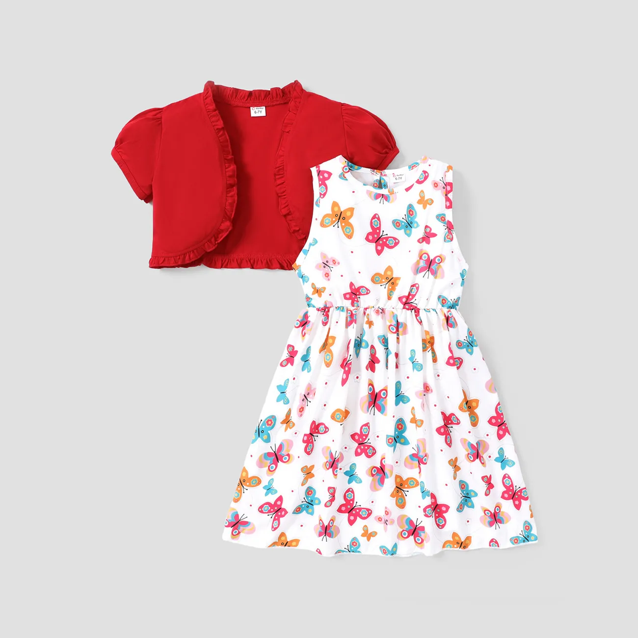 2Pcs Kid Girl Ruffled Short-sleeve Cardigan and Butterfly/Floral Print Tank Dress Set  big image 1