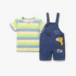2pcs Baby Boy/Girl 95% Cotton Short-sleeve Striped Tee and Cartoon Giraffe Print Denim Overalls Shorts Set  image 2