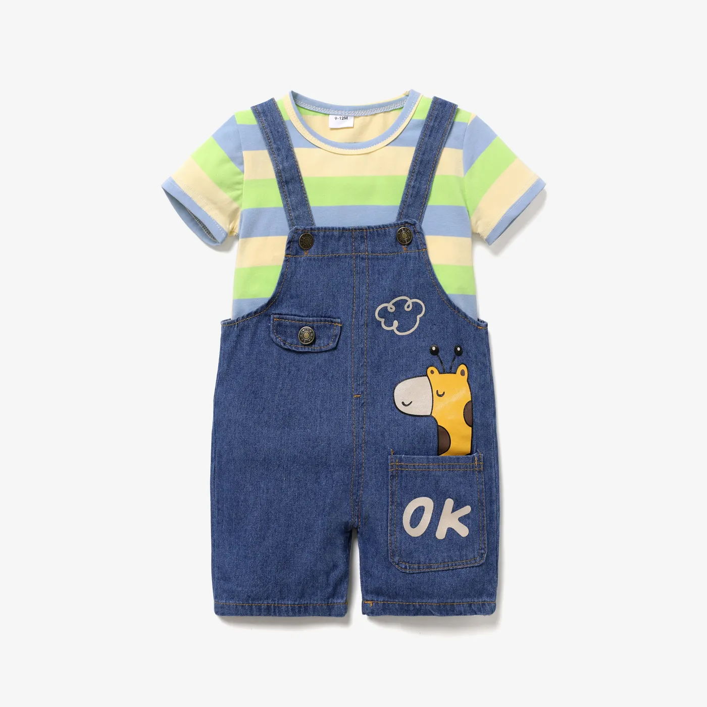2pcs Baby Boy/Girl 95% Cotton Short-sleeve Striped Tee and Cartoon Giraffe Print Denim Overalls Shor