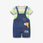 2pcs Baby Boy/Girl 95% Cotton Short-sleeve Striped Tee and Cartoon Giraffe Print Denim Overalls Shorts Set Green