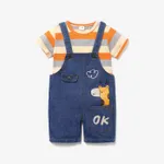 2pcs Baby Boy/Girl 95% Cotton Short-sleeve Striped Tee and Cartoon Giraffe Print Denim Overalls Shorts Set Orange