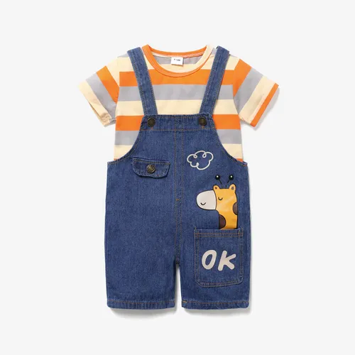 Conjunto unissex para bebê (2 peças) com macacão curto em jeans com desenho de girafa e camiseta de manga curta listrada em 95% algodão