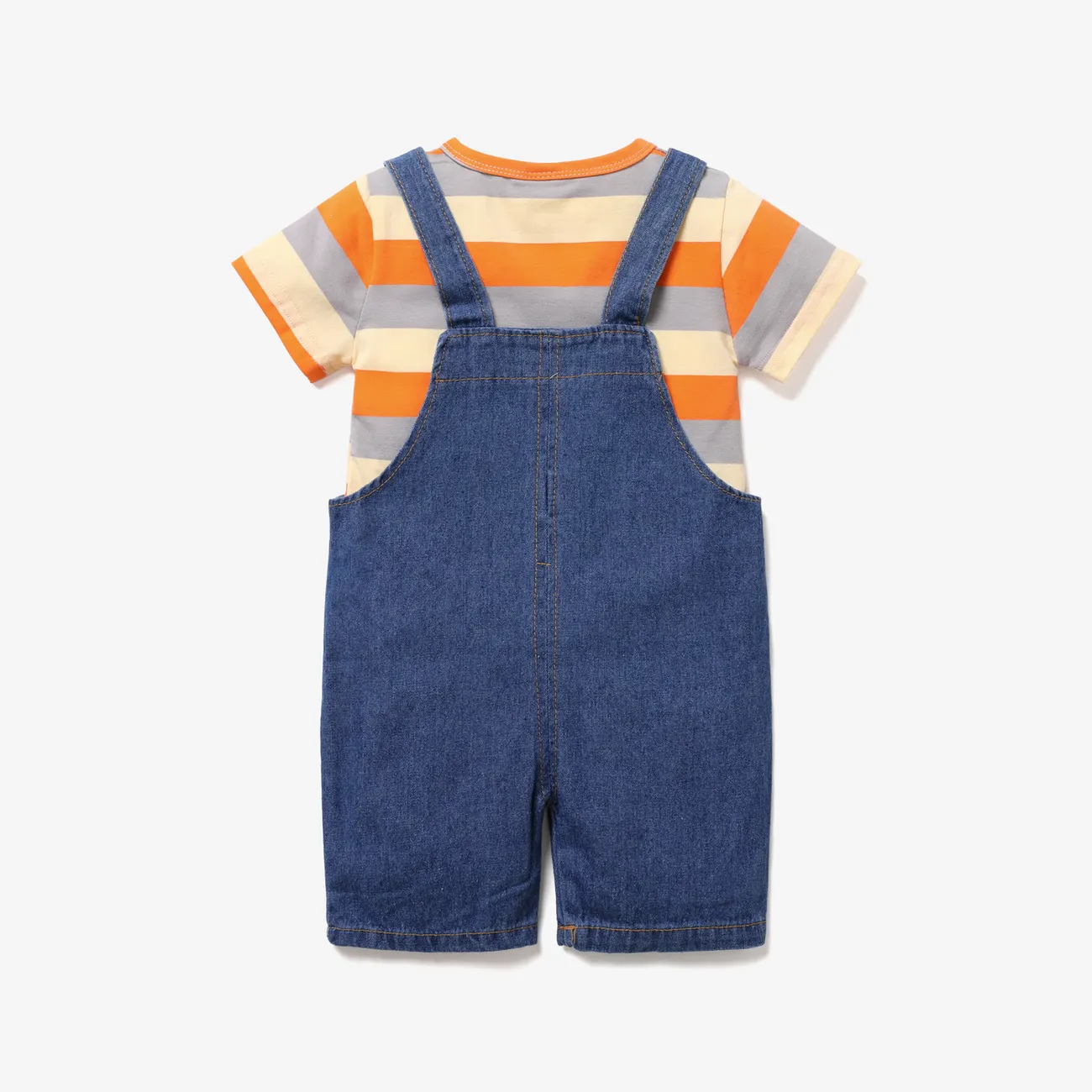 2pcs Baby Boy/Girl 95% Cotton Short-sleeve Striped Tee and Cartoon Giraffe Print Denim Overalls Shorts Set Orange big image 1