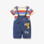 2pcs Baby Boy/Girl 95% Cotton Short-sleeve Striped Tee and Cartoon Giraffe Print Denim Overalls Shorts Set Red