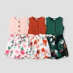 Kid Girl Floral Print Button Design Sleeveless Rompers  image 2