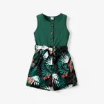 Kid Girl Floral Print Button Design Sleeveless Rompers Green