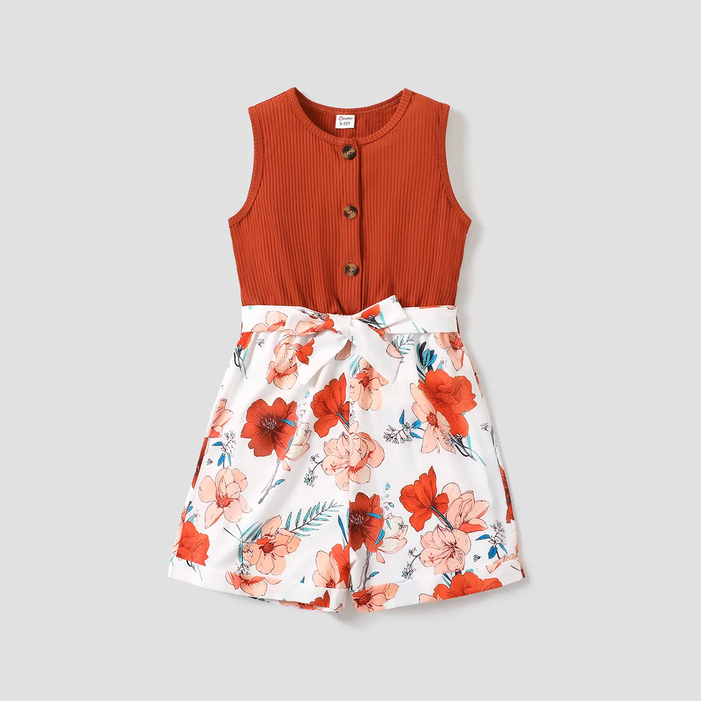Kid Girl Floral Print Button Design Sleeveless Rompers Brown