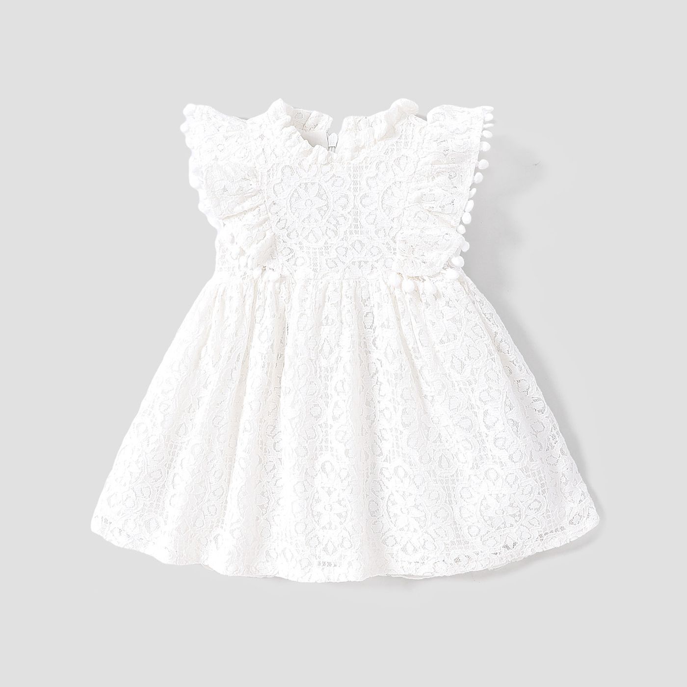 

Baby Girl 100% Cotton Pom Pom Decor Flutter-sleeve Guipure Lace Dress