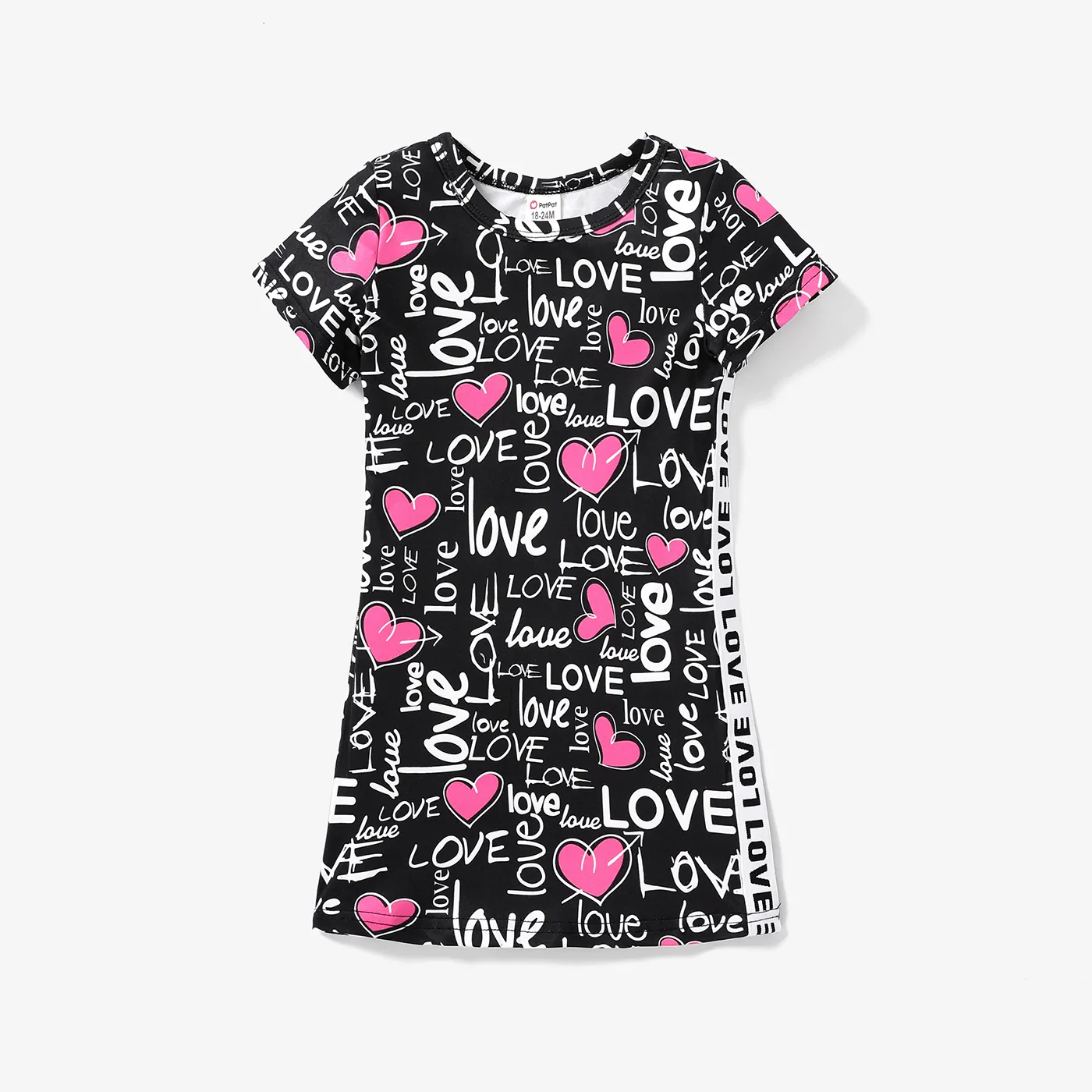 Toddler Girl Letter Heart Print Short-sleeve Dress Black