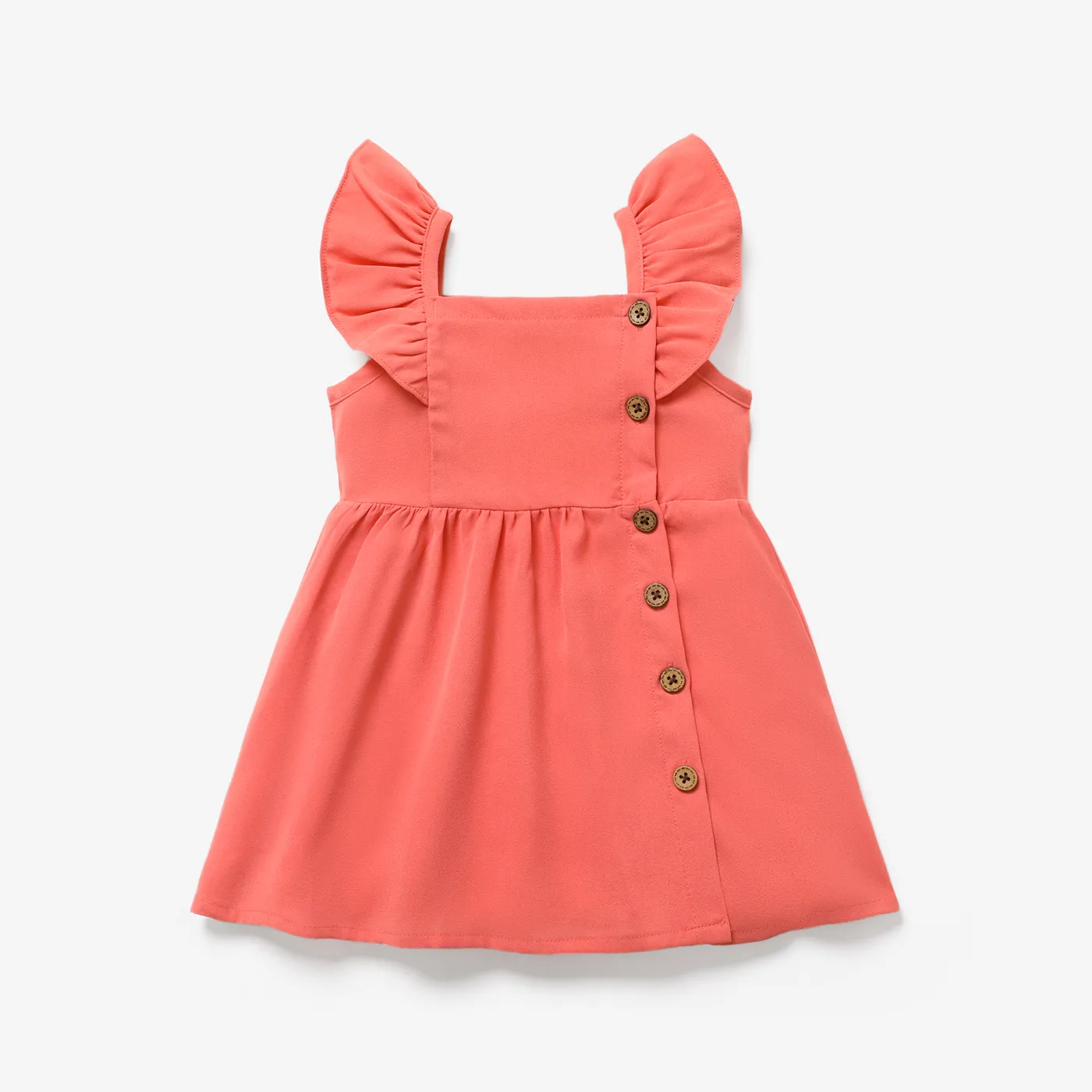 Toddler Girl Floral Print/Coral Red Square Neck Button Design Flutter-sleeve Dress coralred