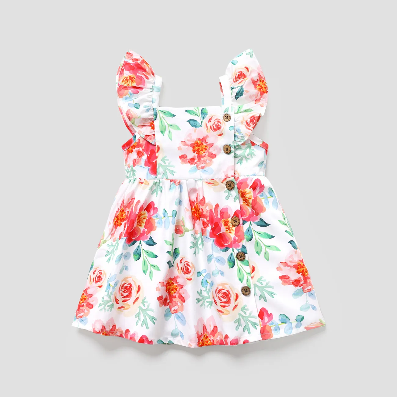 Toddler Girl Floral Print/Coral Red Square Neck Button Design Flutter-sleeve Dress White big image 1