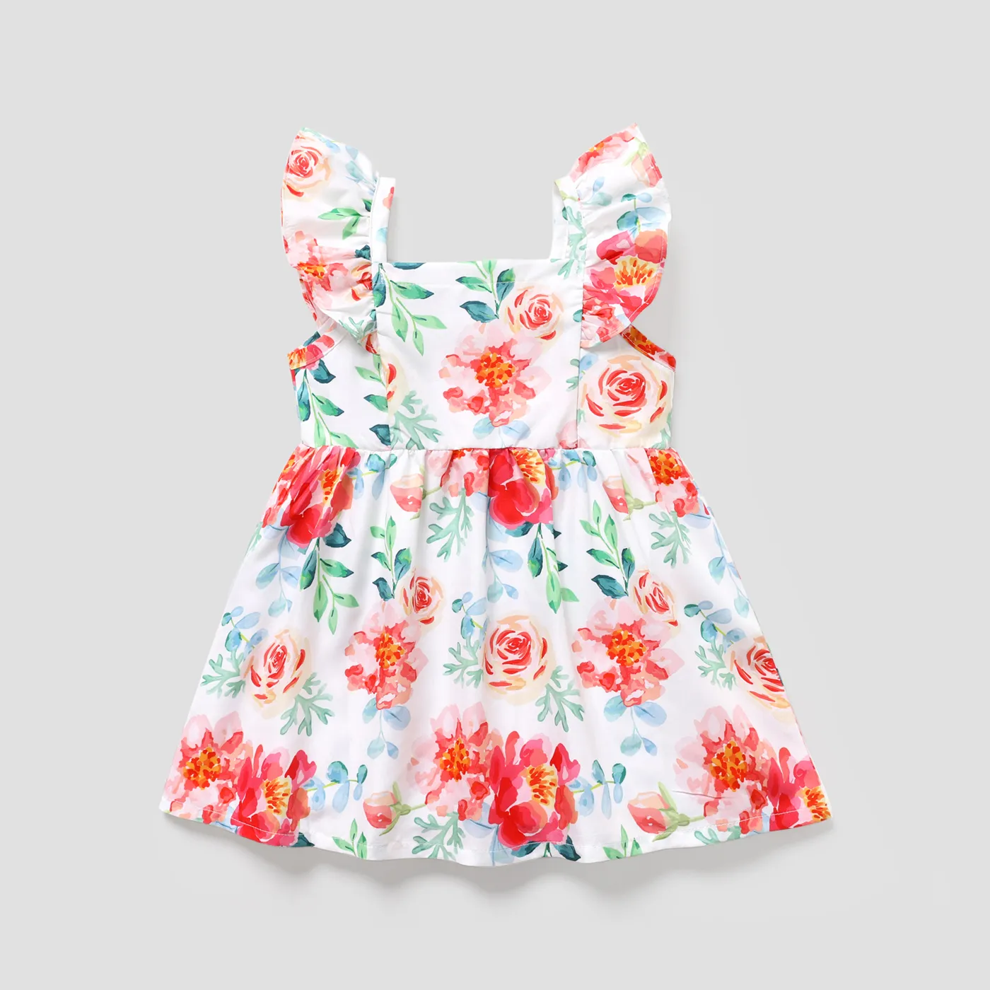 Toddler Girl Floral Print/Coral Red Square Neck Button Design Flutter-sleeve Dress White image 2
