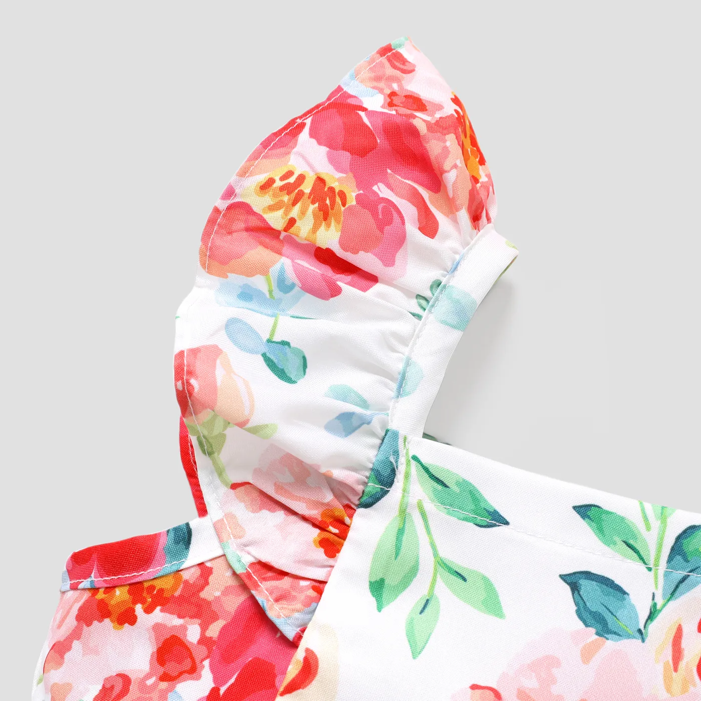 Toddler Girl Floral Print/Coral Red Square Neck Button Design Flutter-sleeve Dress White image 3