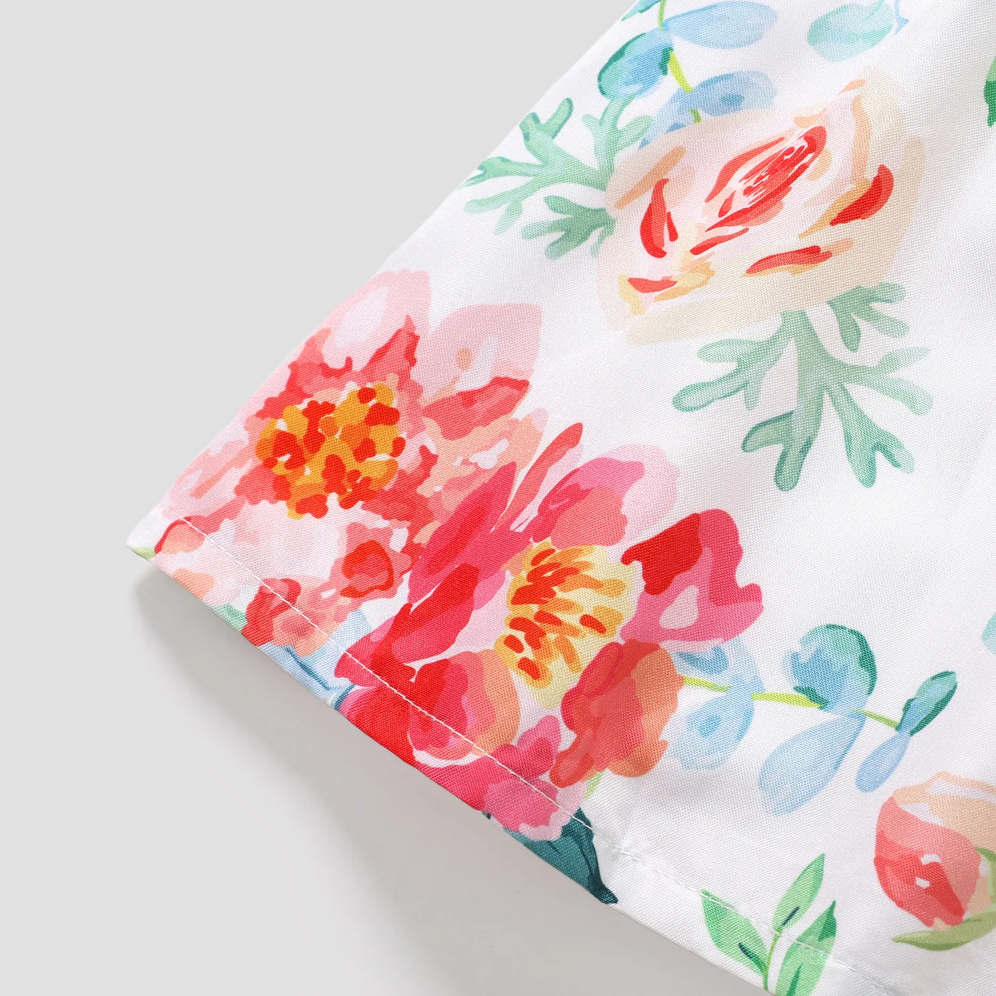 Toddler Girl Floral Print/Coral Red Square Neck Button Design Flutter-sleeve Dress White image 5