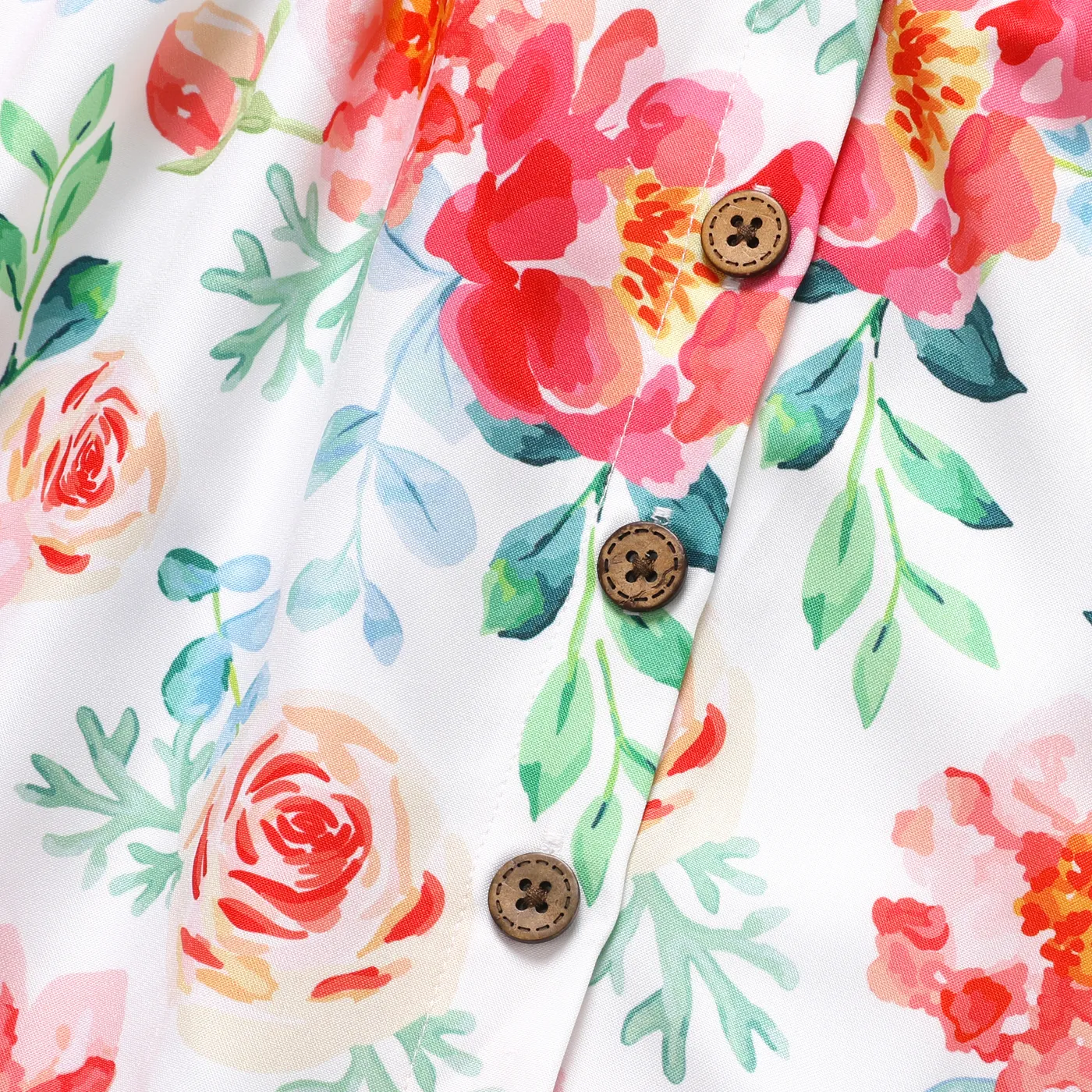 Toddler Girl Floral Print/Coral Red Square Neck Button Design Flutter-sleeve Dress White image 4