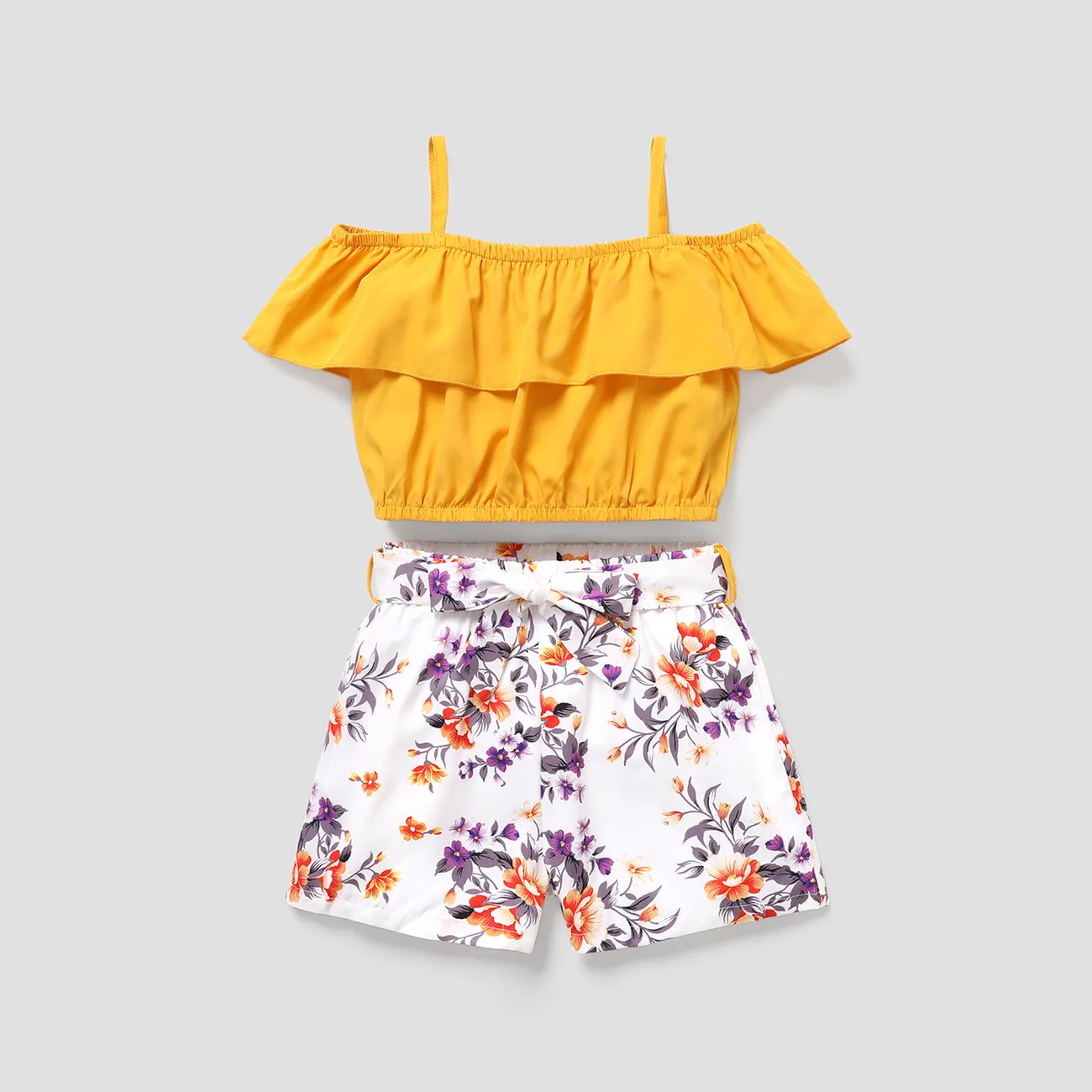 2pcs Kid Girl Flounce Camisole and Floral Print Belted Shorts Set  big image 1