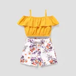 2pcs Kid Girl Flounce Camisole and Floral Print Belted Shorts Set Yellow