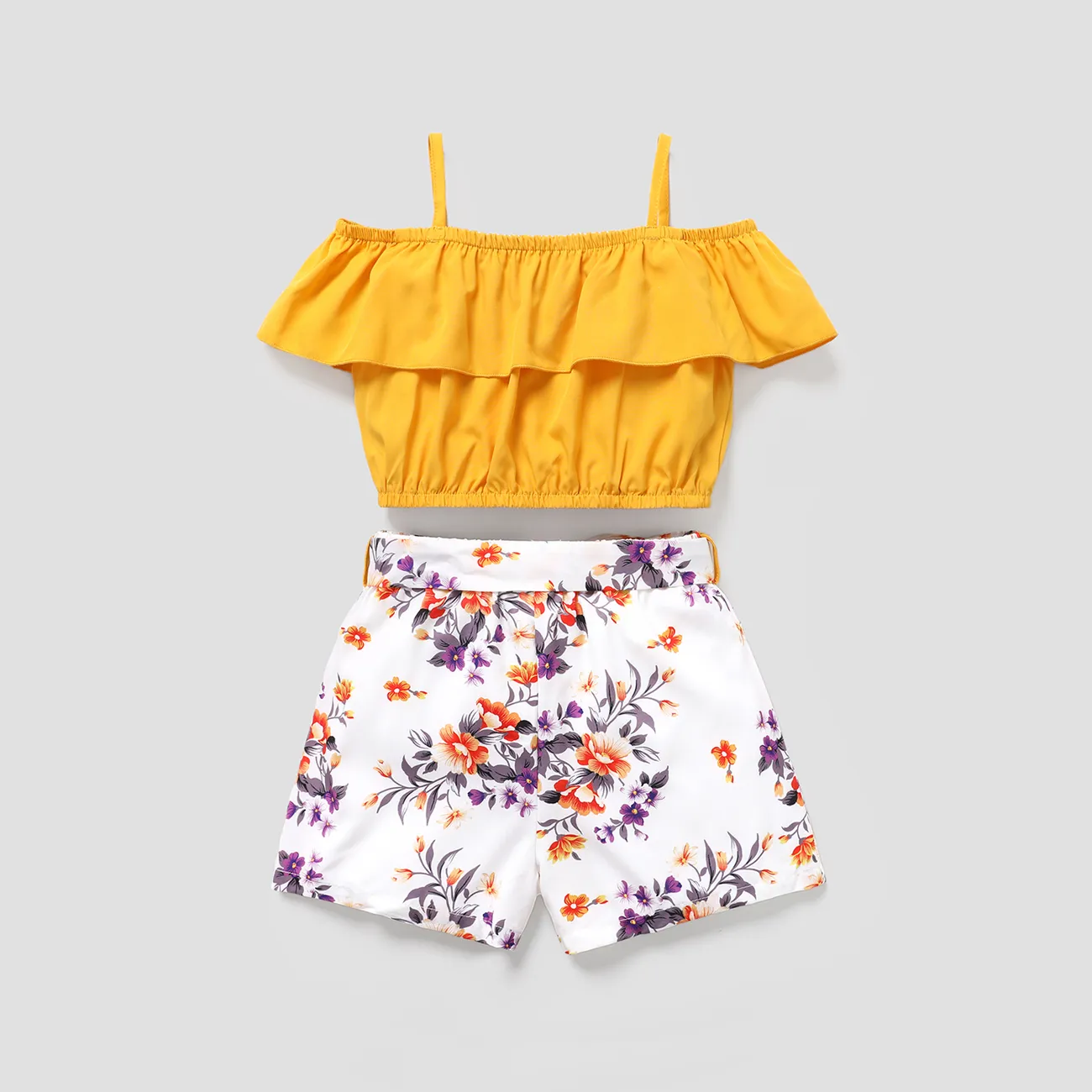 2pcs Kid Girl Flounce Camisole and Floral Print Belted Shorts Set Yellow big image 1