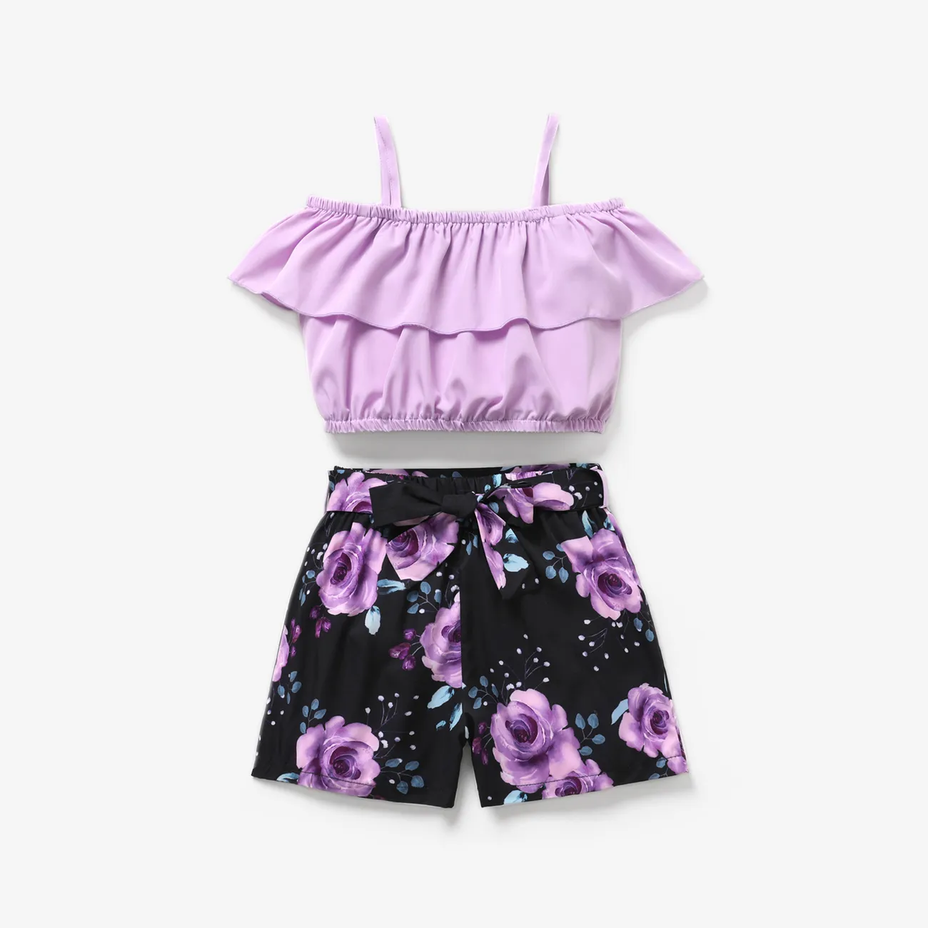 2pcs Kid Girl Flounce Camisole and Floral Print Belted Shorts Set Purple big image 1