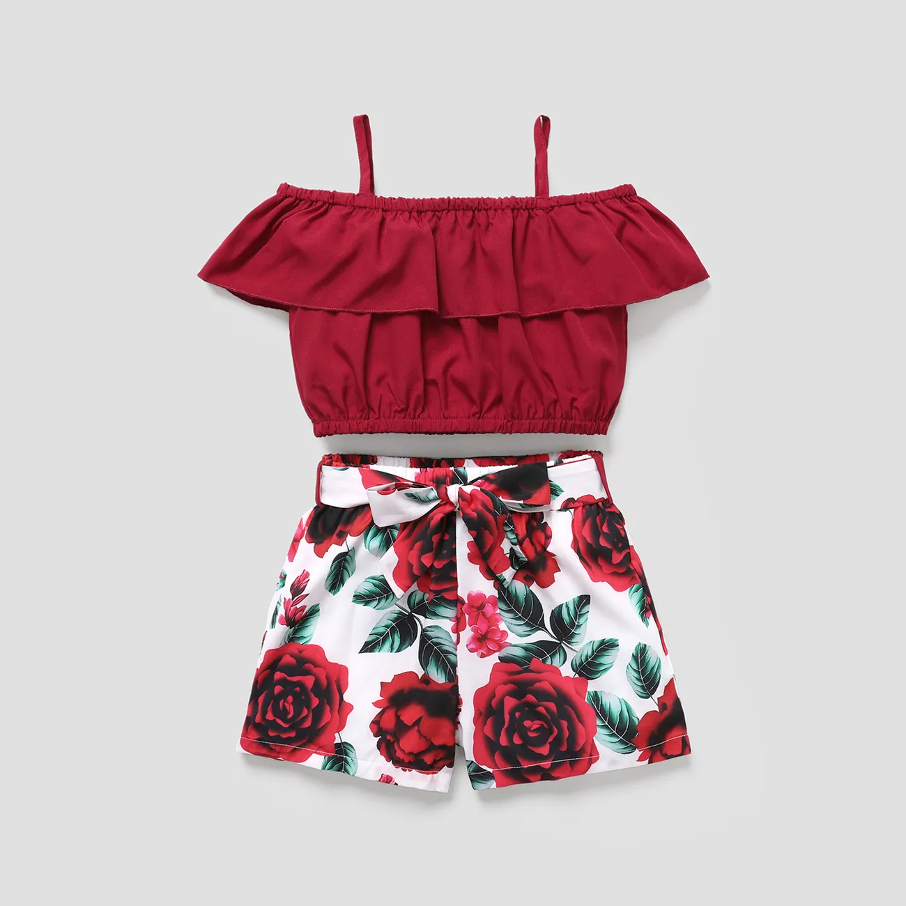 2pcs Kid Girl Flounce Camisole and Floral Print Belted Shorts Set Red big image 1