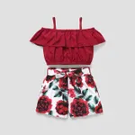2pcs Kid Girl Flounce Camisole and Floral Print Belted Shorts Set Red