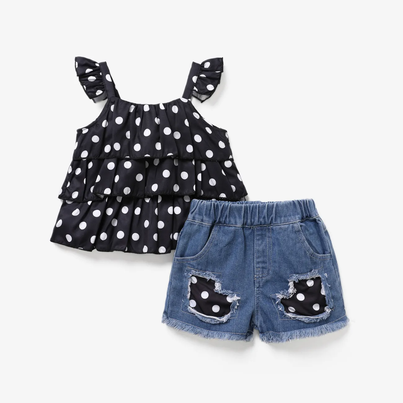 2pcs Toddler Girl Trendy Denim Patchwork Shorts and Polka dots Camisole Set Black big image 1