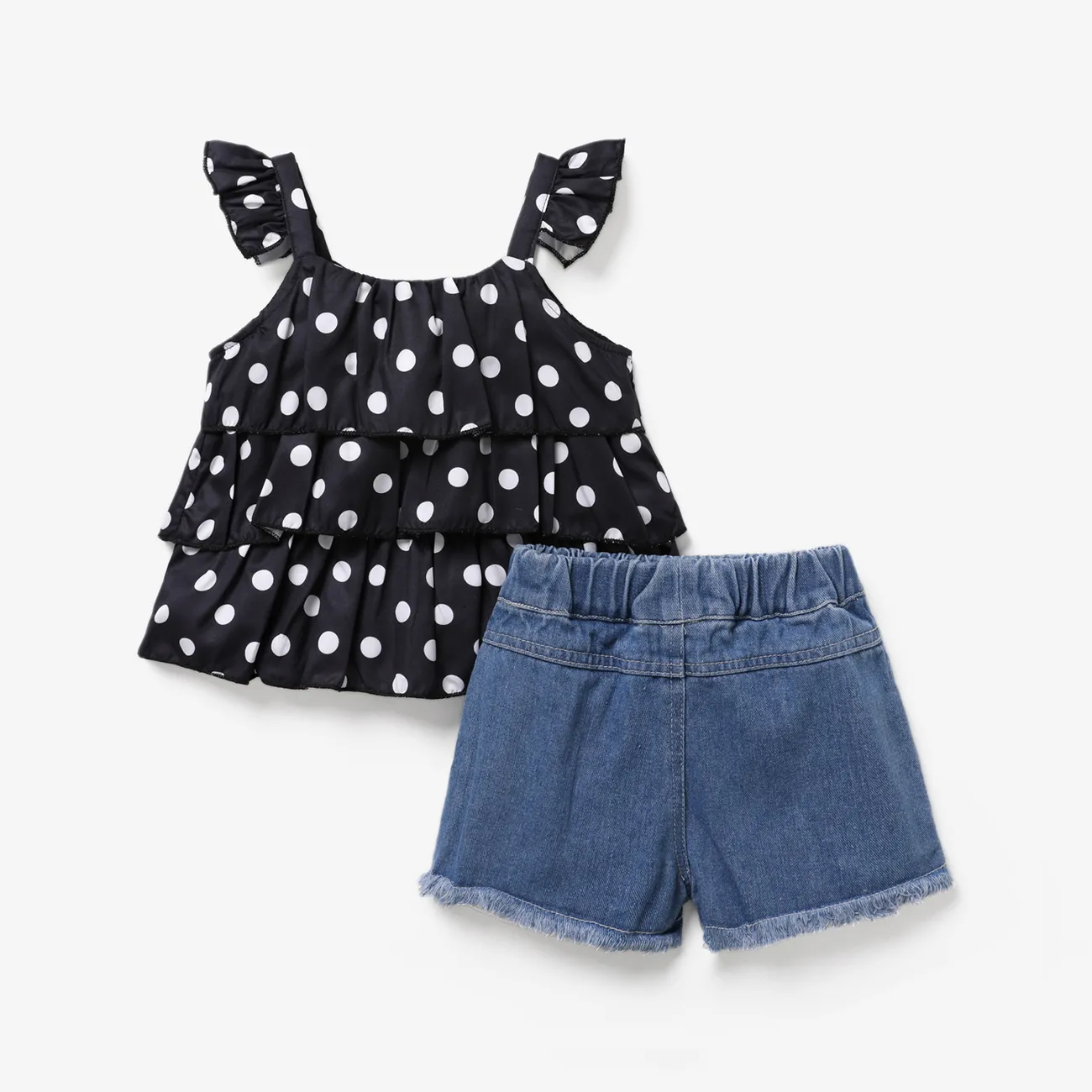 2pcs Toddler Girl Trendy Denim Patchwork Shorts and Polka dots Camisole Set Black big image 1