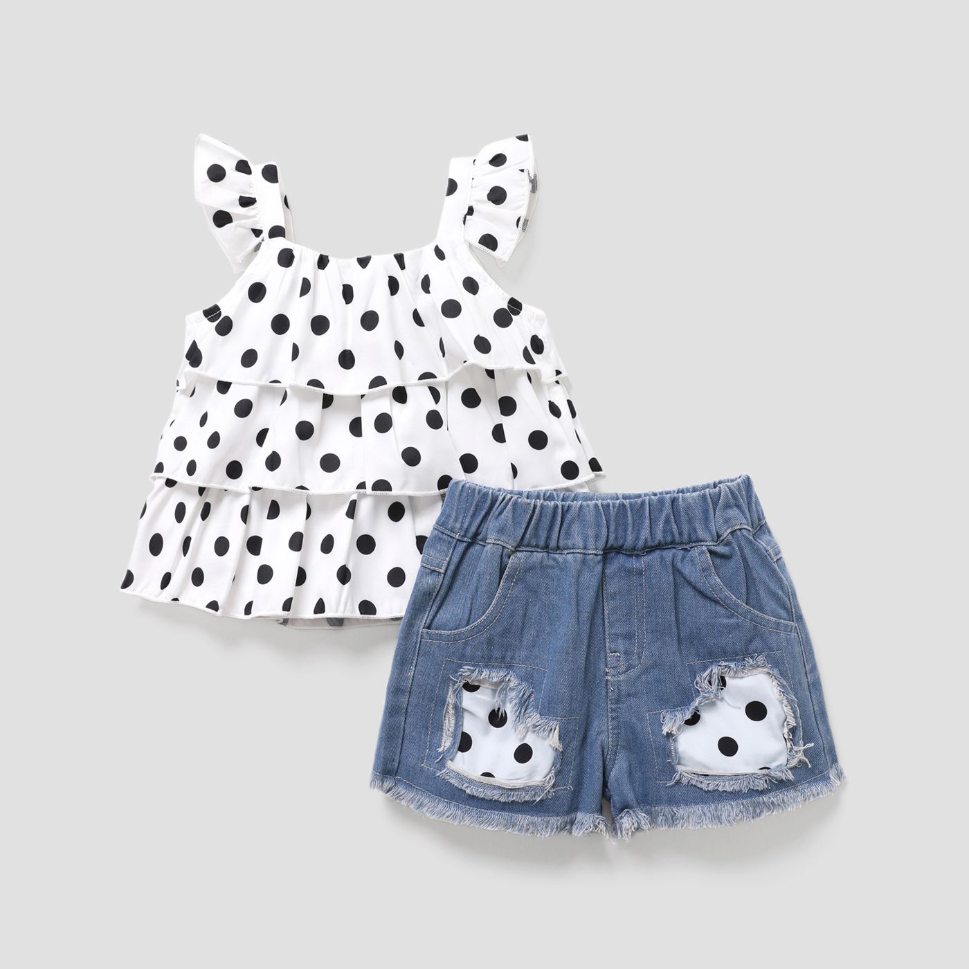 2pcs Toddler Girl Trendy Denim Patchwork Shorts And Polka Dots Camisole Set