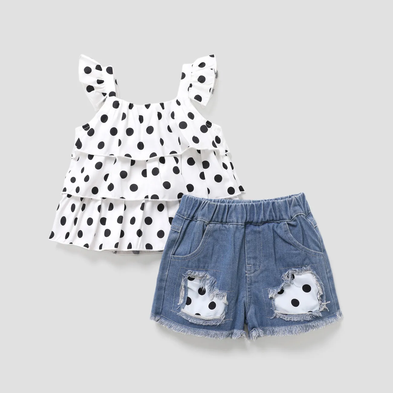 2pcs Toddler Girl Trendy Denim Patchwork Shorts and Polka dots Camisole Set  big image 1