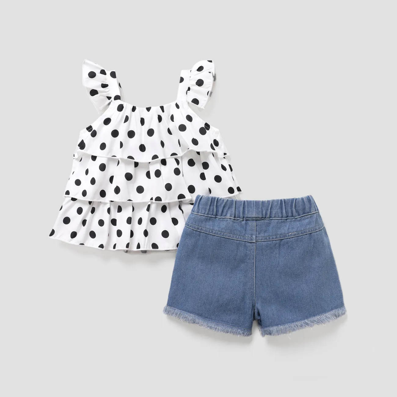2pcs Toddler Girl Trendy Denim Patchwork Shorts and Polka dots Camisole Set White big image 1